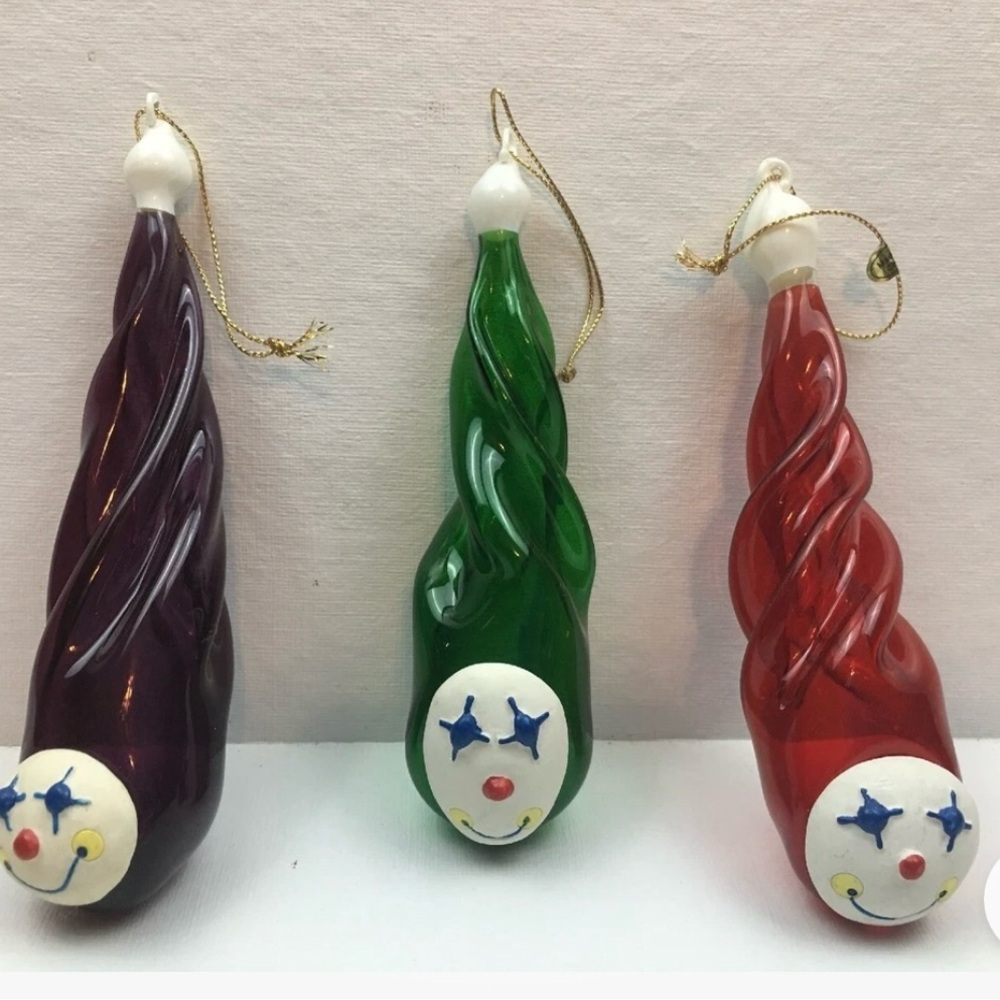 Vintage Blown‎ glass Clown Face Icicle Ornaments set of 3, green, red, & purple